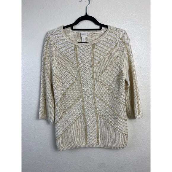 Chico's Knit Top Womens size Medium Cream gold Metallic 3/4 Sleeve Event Party - Picture 1 of 11